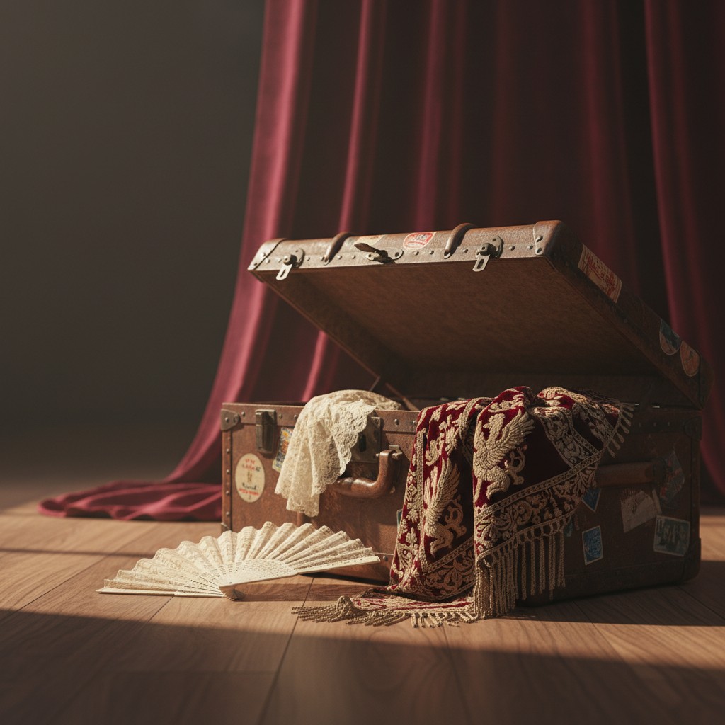 "An open trunk, adorned with a vintage red and gold velvet scarf, and a delicate lace hand fan, situated on a wooden floor...