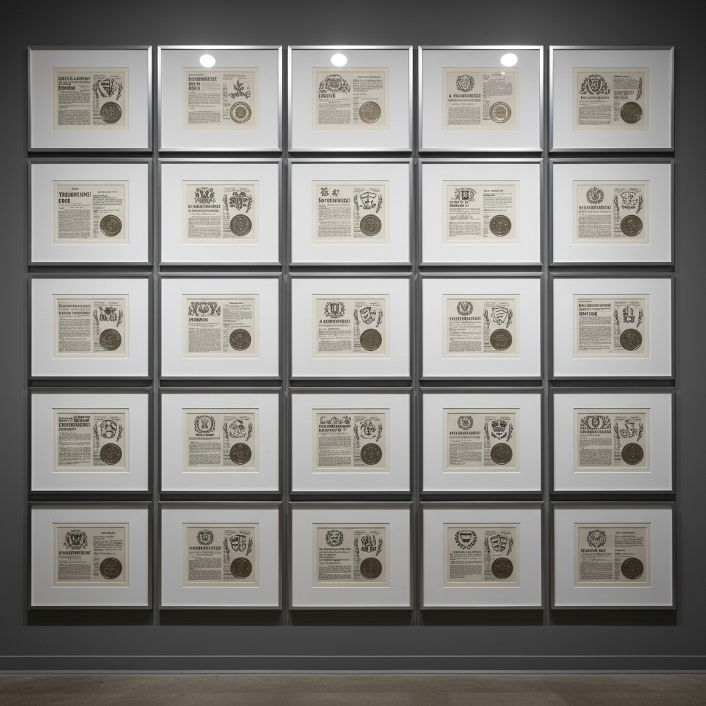 Collection of framed documents on a wall.