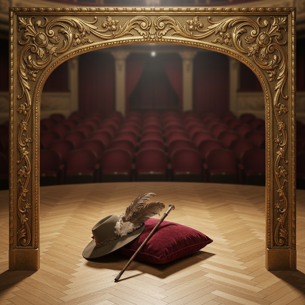 An ornate gold frame sits on a stage, with a red velvet pillow, a hat, and a feather underneath it.